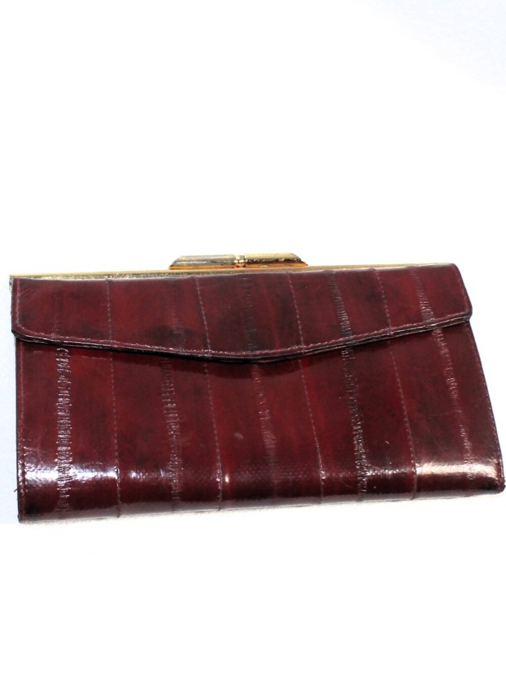 NWOT Vintage 80s Eelskin Framed Kiss Close Checkbook Wallet Oxblood Burgundy